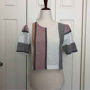 Eve Gravel cropped puff sleeve striped linen gray and white shirt